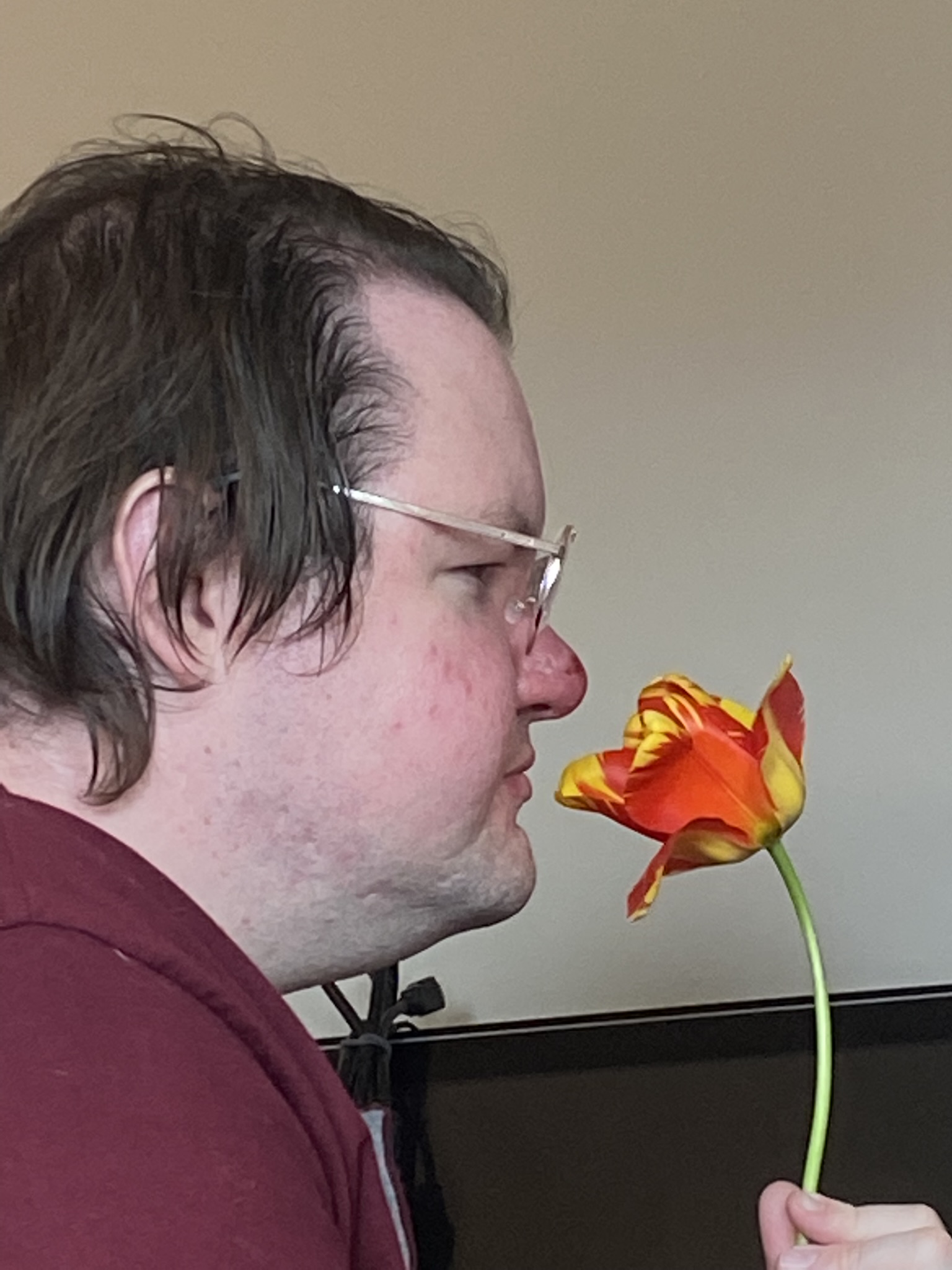 nathan sniffs a tulip from our garden